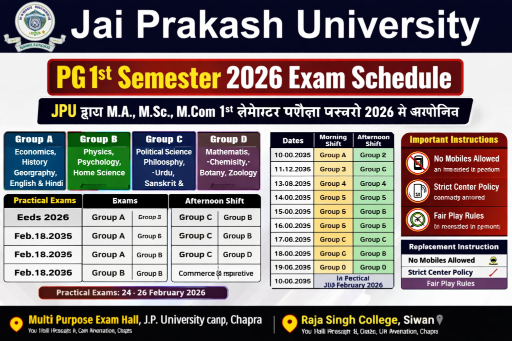 JPU PG 1st Sem Exam Schedule and Center List for MA MSc MCom Exam 2026