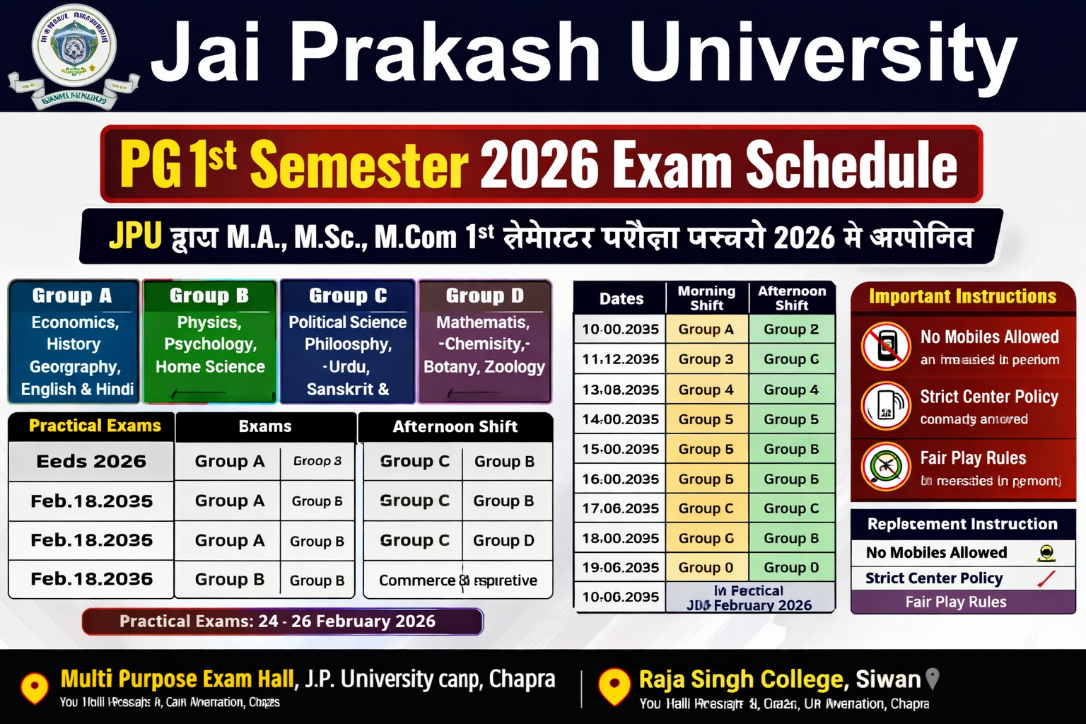JPU PG 1st Sem Exam Schedule and Center List for MA MSc MCom Exam 2026